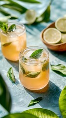 Fototapeta premium Refreshing Non-alcoholic Drink with Fresh Basil and Lime, Tropical Vibe
