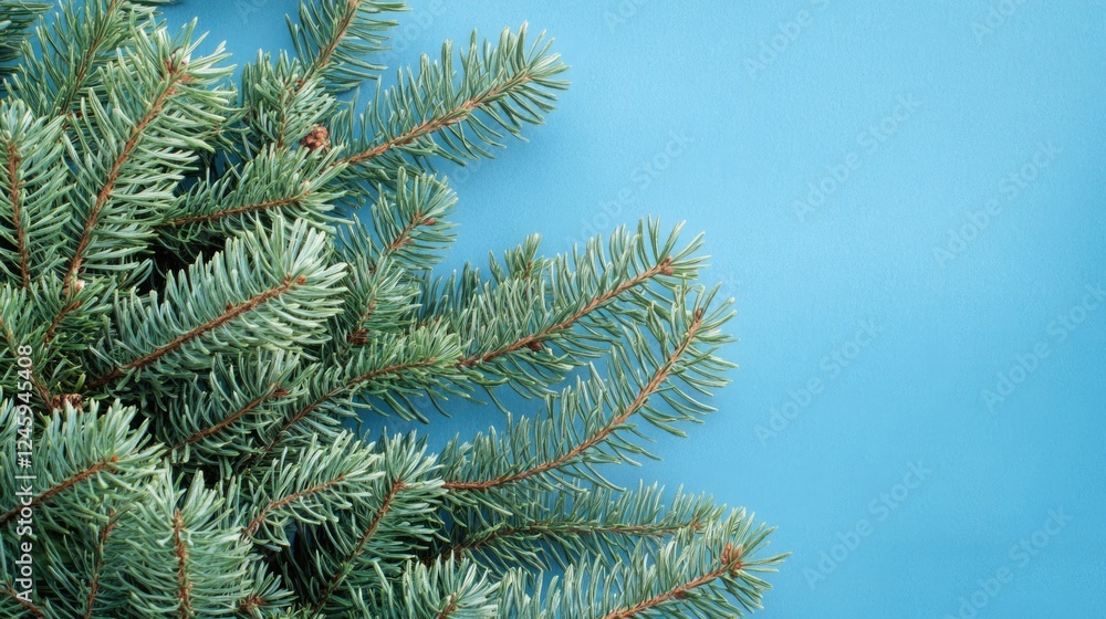 Poster christmas card design featuring fir tree branches on a blue background with ample empty space for pe