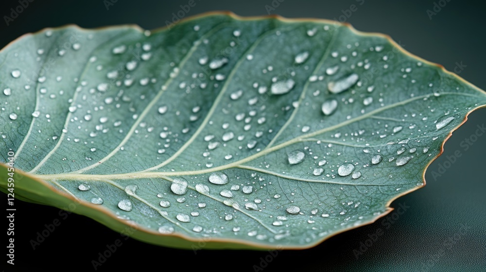 Poster close up of a green leaf covered in water droplets with smooth surface and blank space for text or d