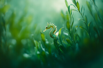 Graceful seahorse among lush green seagrass in tranquil ocean scene