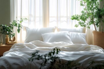 Close-up view of soft white pillows on a modern bed in a serene bedroom with vintage candle lanterns and large window allowing natural light