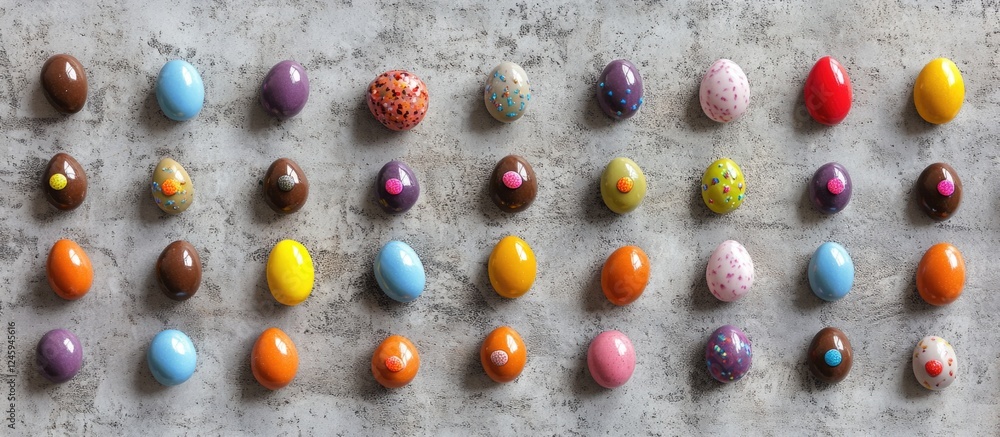 Poster colorful chocolate easter eggs and rabbits arranged on a concrete background with ample copyspace in