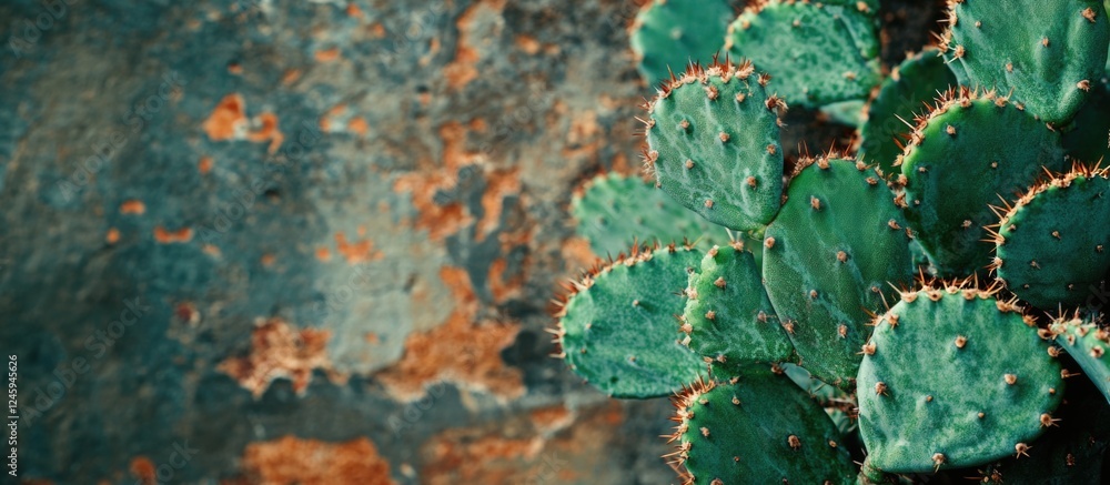 Poster cactus close-up on textured concrete and brick background with ample copy space for advertising or d