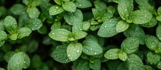 Close up of lush green plant leaves adorned with raindrops highlighting natural texture and freshness ideal for nature-themed designs