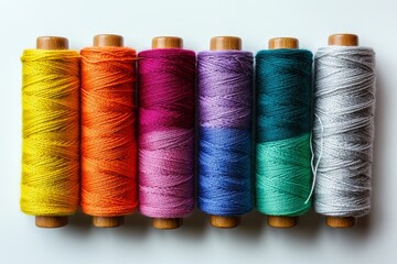 Colorful thread spools on white background, craft supplies