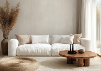 Cozy Living Room Scandinavian Style Interior Design Minimalist Sofa Sunlight Curtains Rug Coffee Table