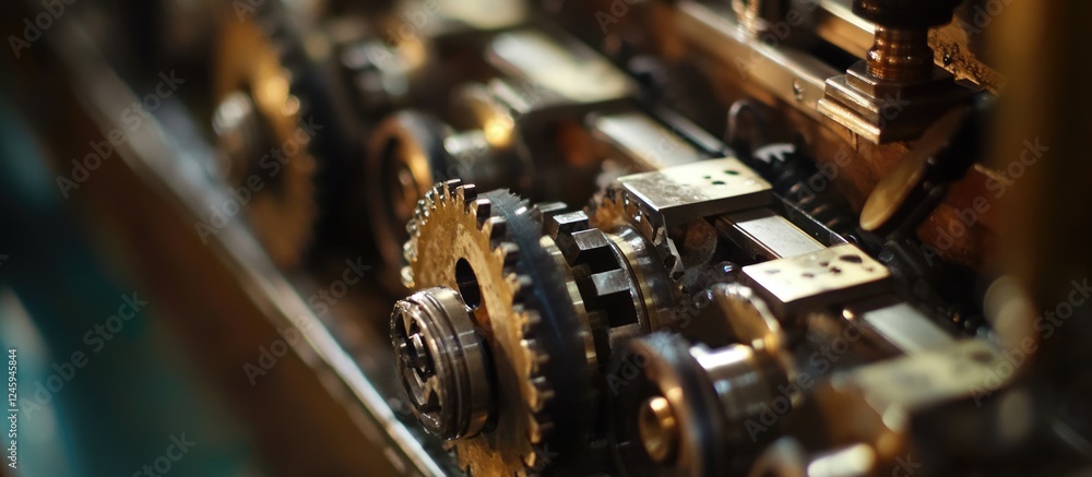 Poster close up of intricate factory machine gears and components with space for additional text in industr