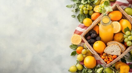 Summer picnic delight overhead view of a bountiful picnic basket on an american flag food and drink arrangement vibrant outdoor setting inviting atmosphere