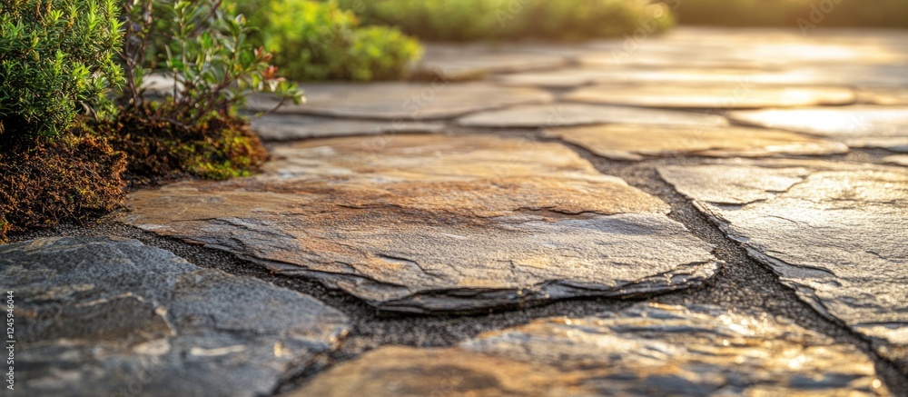 Poster textured stone surface with natural greenery in soft sunlight creating a serene nature setting in a 