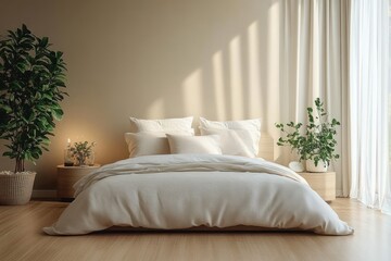 Cozy Scandinavian Bedroom with Potted Plants and Natural Light