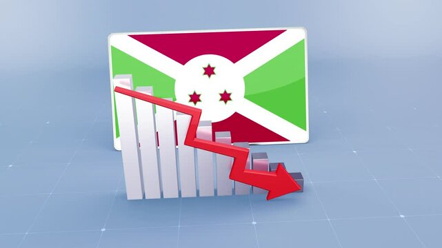 Burundi country flag and bar chart graph showing decreasing values a red arrow economic crisis concept. Flag of Burundi