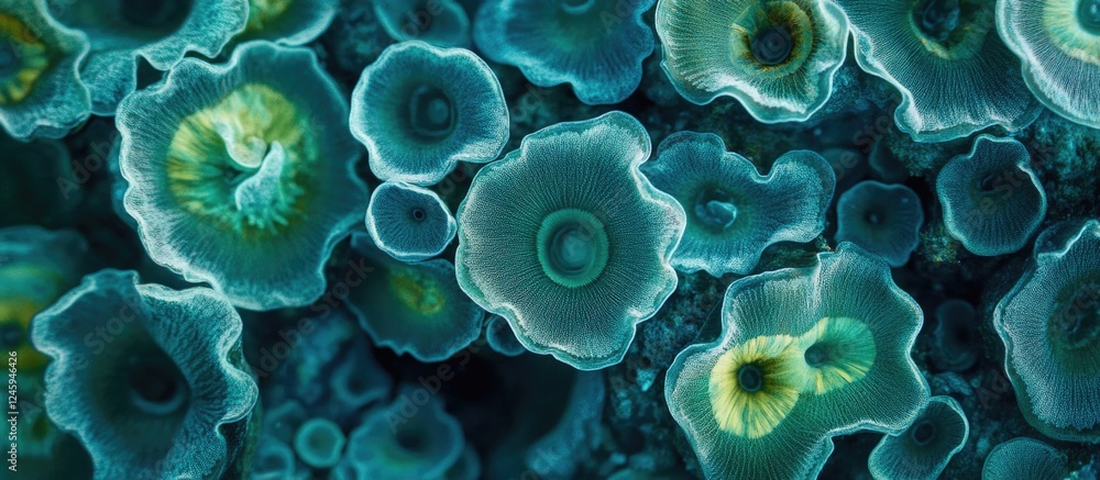 Poster close up of vibrant blue green algae displaying blooming and decomposing phases in intricate natural