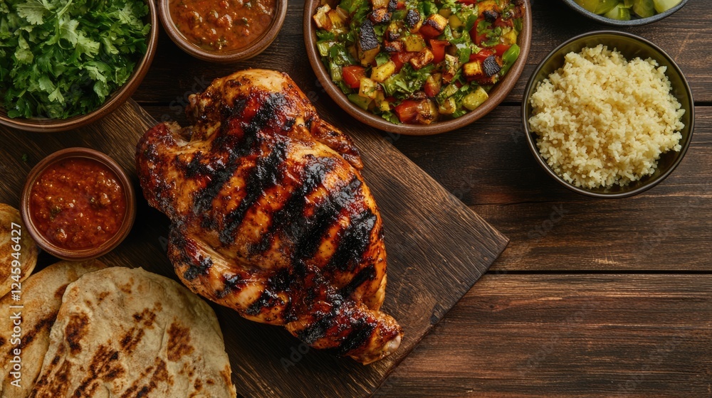 Poster grilled marinated whole chicken served with fresh side dishes and empty space for text on a rustic w
