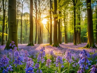 High-depth-of-field image: vibrant Spanish bluebells blooming in an English woodland.
