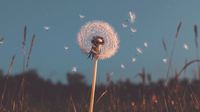 Close-up of a dandelion seed head in the middle of a field. the seed head is in the center of the image, with its seeds blowing in the wind.