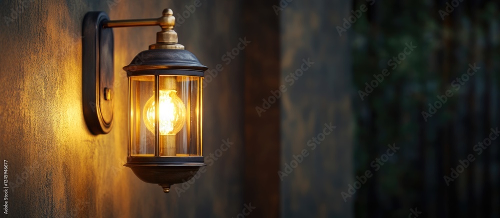 Poster antique brass wall lantern illuminated on a solid background with ample empty space for text and des