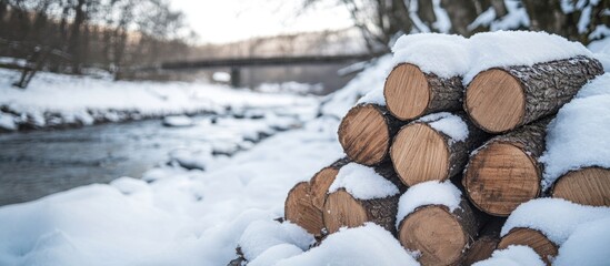Chopped firewood piled under snow by a riverbank ready for winter with a bridge in the background showcasing timber industry preparations