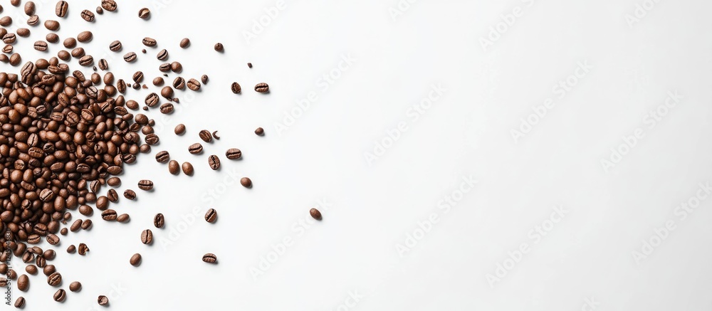 Poster coffee beans scattered on a white background with ample copy space for text or branding, perfect for