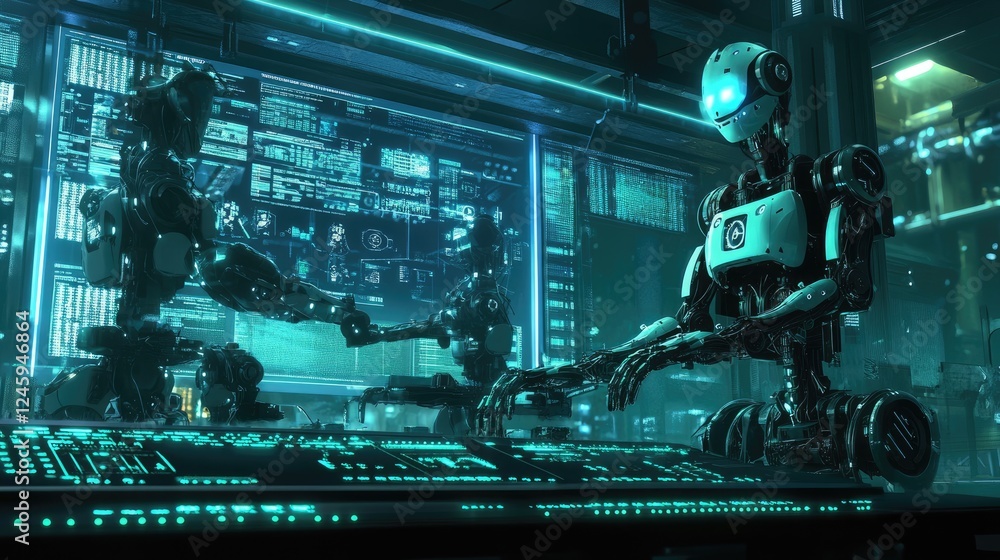 Poster Robots working together at a high-tech workstation under blue and green LED lighting, emphasizing the innovation and interconnectedness of modern robotics.
