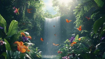 A vibrant rainforest scene with cascading waterfalls and dense foliage. Exotic birds and butterflies add splashes of color, while shafts of sunlight break through the canopy above.