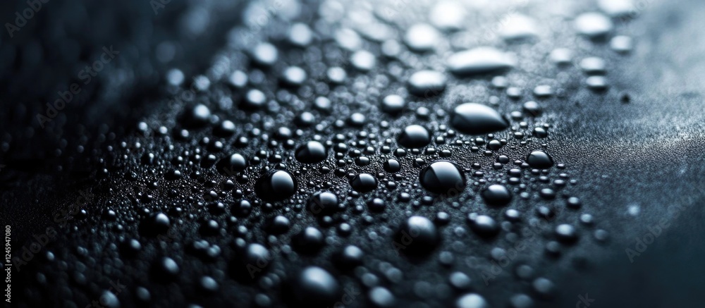 Poster close-up of black textured surface with water droplets creating an abstract pattern and highlighting