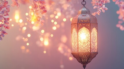 Ornate Ramadan Lantern with Mystical GlowDecorative Lantern with Candle and Bokeh Lights