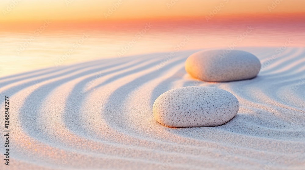 Poster close-up of smooth pebbles on white sand with gentle wave patterns and a colorful sunset backdrop of