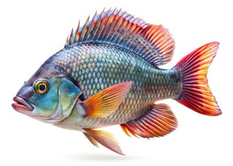 High-resolution image of a Nile Tilapia, a freshwater aquarium fish, isolated on a pristine white background.
