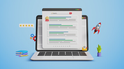 Top ranking with SEO, search engine optimization concept. Top search position, promote website, optimize web with SEO, keywords ranking, organic traffic. Web ranking page on laptop. 3D illustration