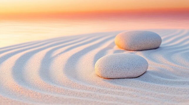 Close-up of smooth pebbles on white sand with gentle wave patterns and a colorful sunset backdrop offering ample space for text. - Powered by Adobe