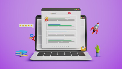 SEO ranking position, top ranking, web search page concept. Search engine optimization, Optimize your website to rank in top position on a laptop. 3D illustration
