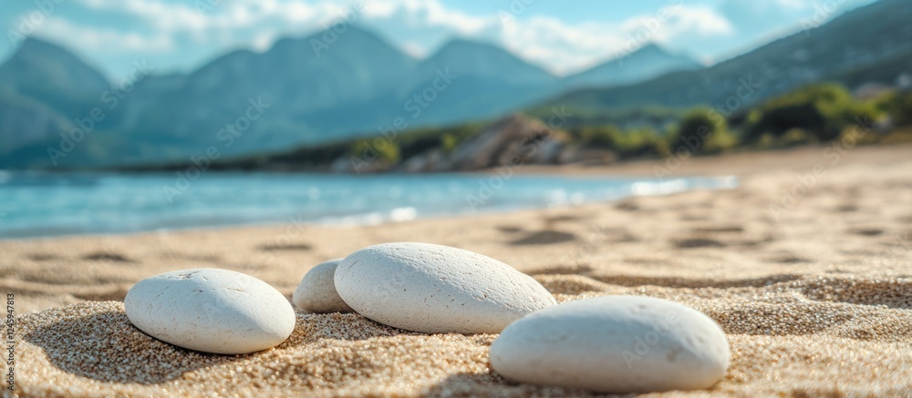 Poster close up of smooth white pebbles on sandy beach with tranquil mountains in background and ample spac
