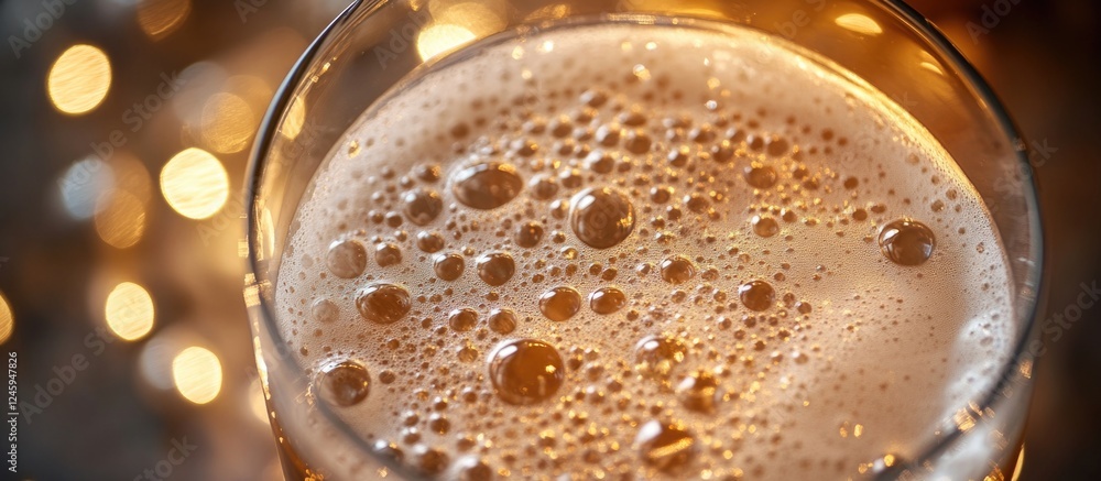 Poster close up of frothy beer in a glass with warm lighting and sparkling bokeh background