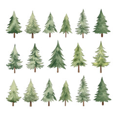 Obraz premium Variety of festive evergreen trees, different sizes and shapes, perfect for holiday decorations, copy-space available for text Isolated on white background or PNG