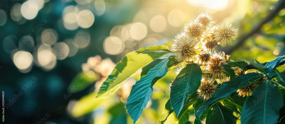 Poster close up of chestnut tree branches with sunlight and bokeh background suitable for text overlay and 