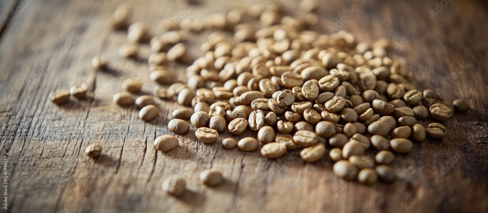 Aufkleber raw coffee beans scattered on a rustic wooden table creating a warm and inviting atmosphere ideal fo
