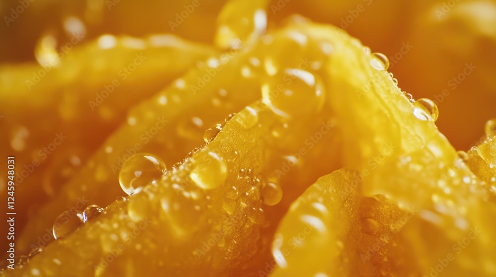 Aufkleber macro close-up of water droplets on vibrant yellow flower petals with soft focus and ample empty spa