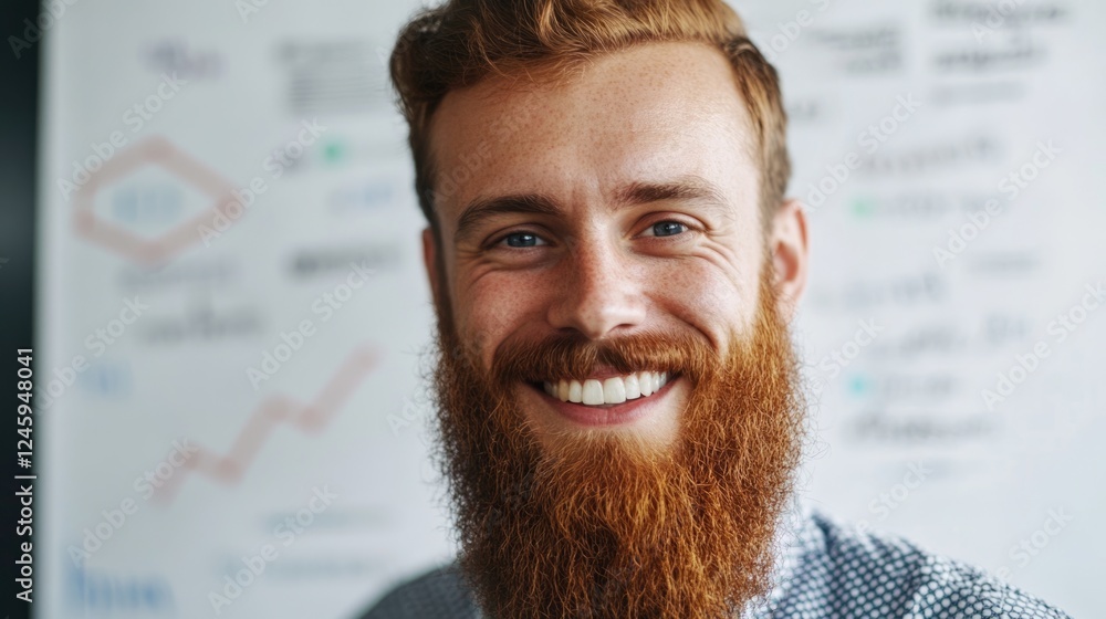 Poster smiling bearded man in business environment with ai-generated plans and diagrams featuring ample cop