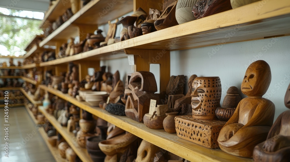 Poster shelves lined with products made by local artisans, highlighting the factory dedication to promoting