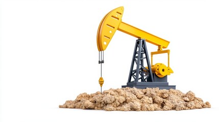 Yellow oil pump jack standing on dirt mound representing industrial energy extraction process with clean background