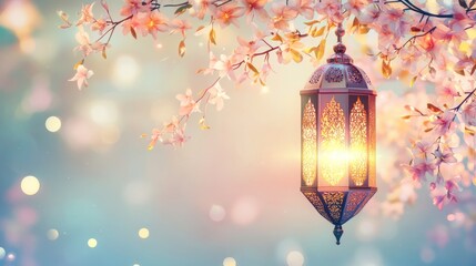 Ornate Ramadan Lantern with Mystical GlowDecorative Lantern with Candle and Bokeh Lights