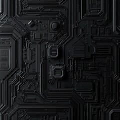 Black and white computer circuit board with intricate components on dark geometric background