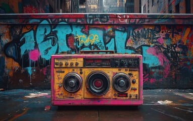 Fototapeta premium Retro Graffiti Boombox in Urban Setting Music Culture 1980s