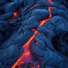 Lava flow cascading down a mountainside with glowing cracks and intense red hues at volcanic landscape