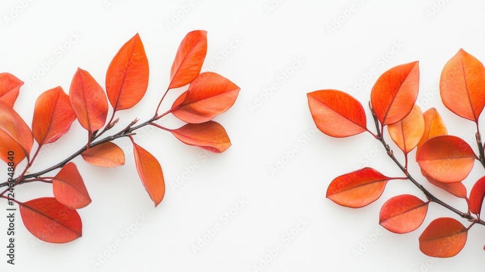 Poster close up of vibrant orange leaves arranged on a clean white background with ample space for text or 