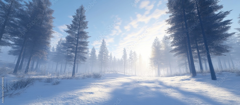 Poster winter landscape with snowy trees and soft sunlight filtering through a mist, creating a serene and 