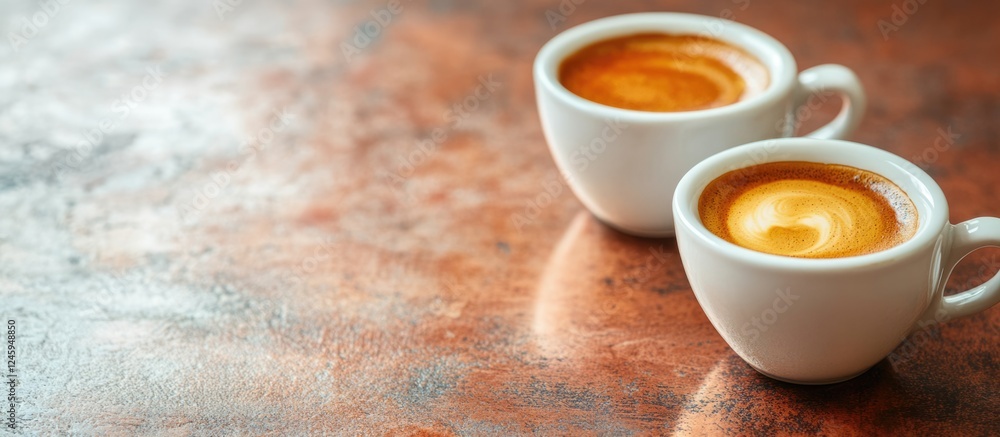 Poster close up of two double espresso cups with crema on a brushed copper table showcasing elegant coffee 