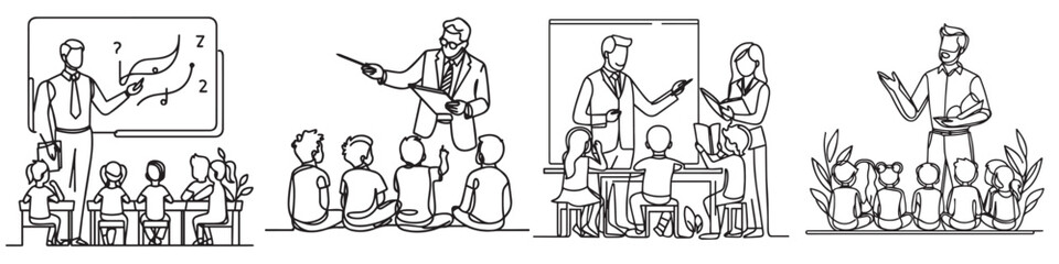 set continuous line teacher teaching his students