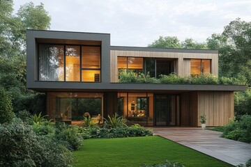 Modern Wooden House in Serene Garden with Garage and Lush Greenery