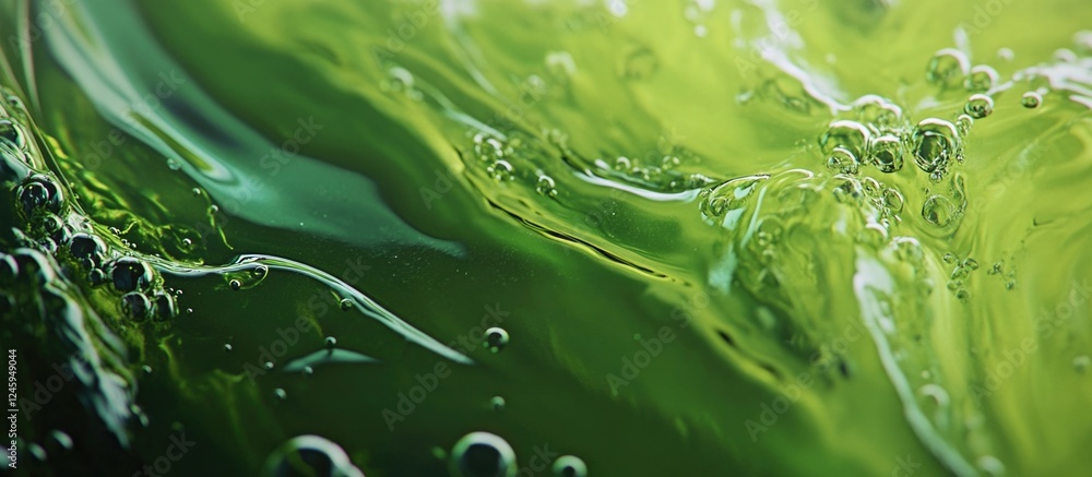 Poster closeup of vibrant green liquid with bubbles creating a dynamic and textured abstract background for